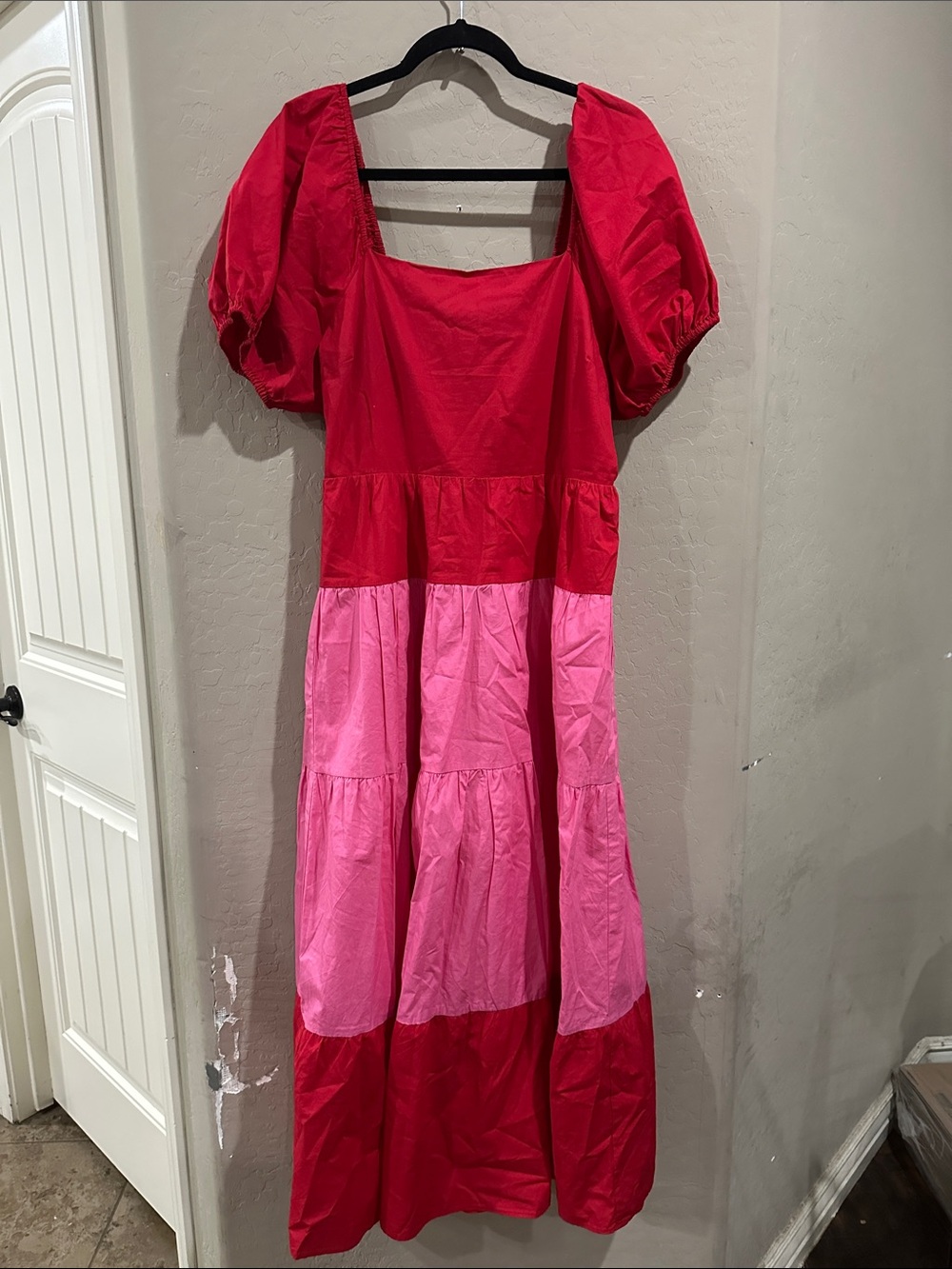 English Factory Pink and Red Colorblock Puff Sleeve Maxi Dress